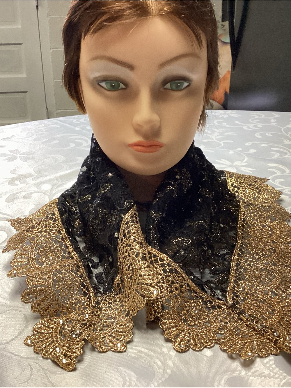 Black Lace Scarf Collar with Gold Embroidered Trim